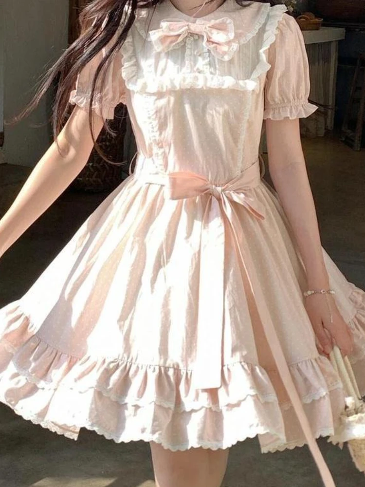 Letnia Słodka Różowa Sukienka z Bufiastymi Rękawami i Kokardą Damska Projekt Casual Nowe Sukienki Patchwork Elegancka Nowa Moda Sukienki Krótkie w Linii A