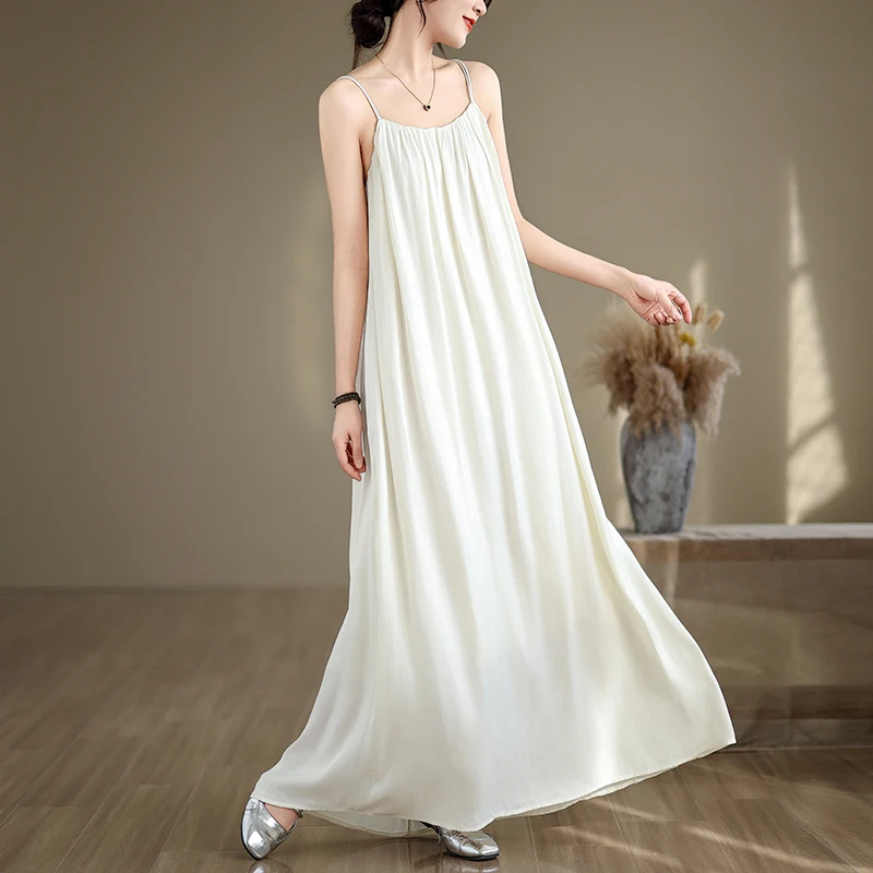 صيف جديد أبيض ثنيات طويلة حمالة الدكتور سترة الدكتور السفر التصوير مطوي Ele تنورة طويلة ألف خط ثوب القطن #2