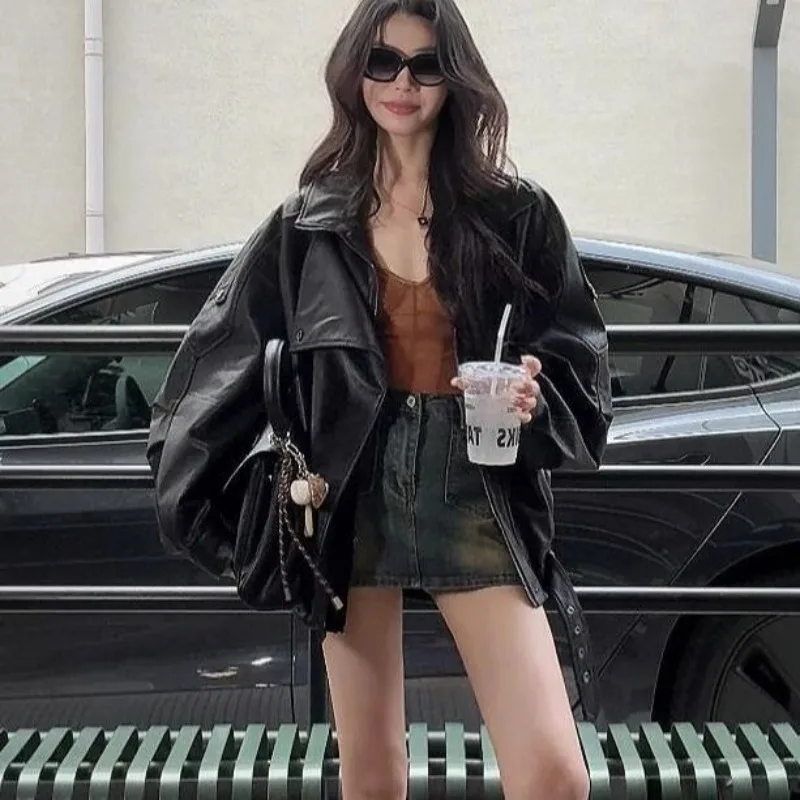 

High end Retro Motorcycle Leather Jacket for Women 2025 Spring and Autumn New Style Stylish Design Leather Jacket Western-Style