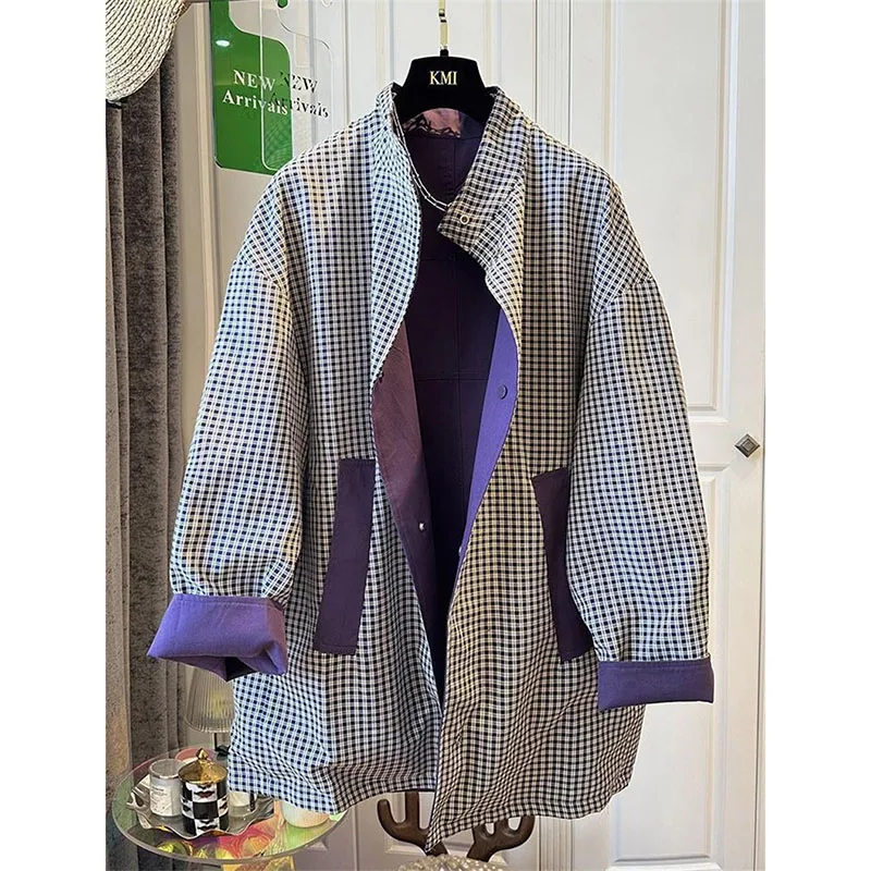 

Women's Windbreaker Coat 2026 New Spring Autumn Fashion Double-sided Plaid Trench Coat Classic Contrasting Grid Outerwear Female