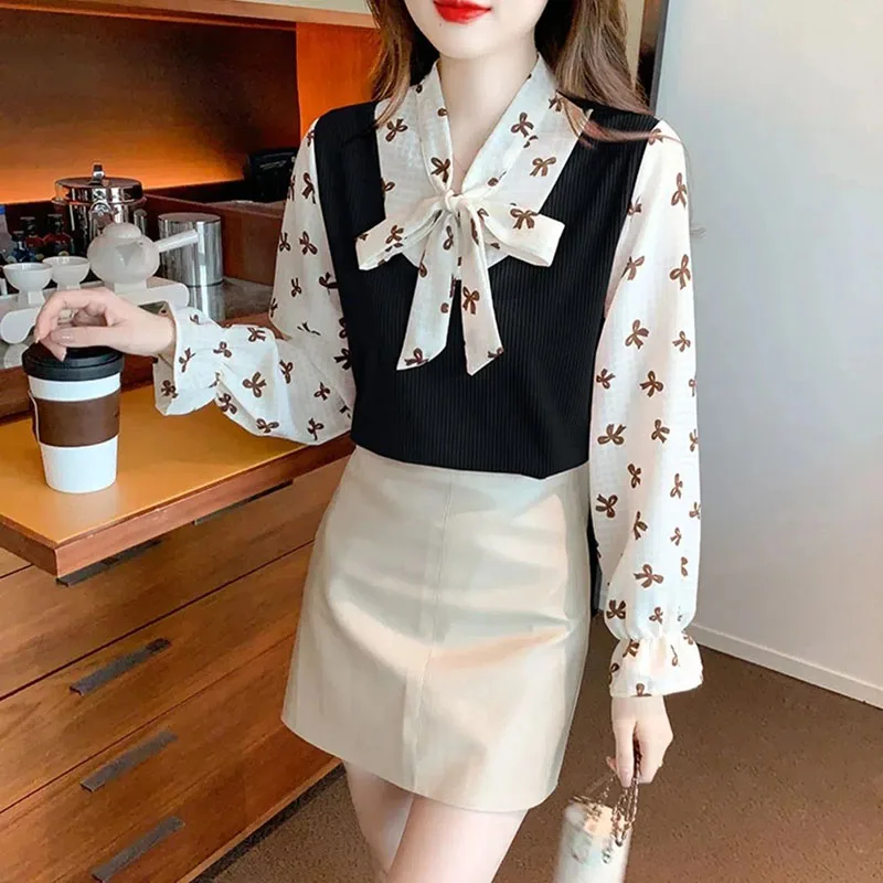 Fashion Lace Up Bow Printed Flare Sleeve Fake Two Piece Blouse Female Clothing 2023 Spring Autumn New Casual Tops Sweet Shirt