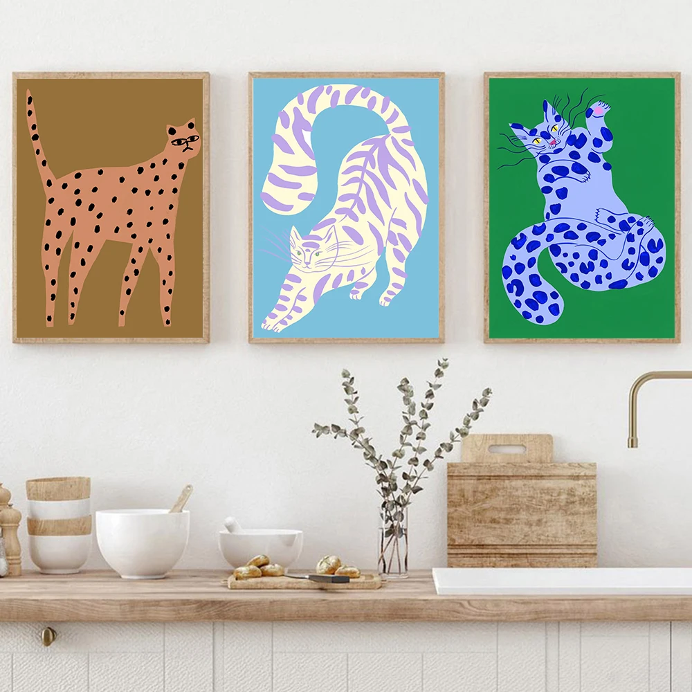 Funny Nordic Abstract Animal Poster Red Pink Green Tiger Cat Canvas Painting Wall Art Prints Picture Kids Bed Room Home Decor