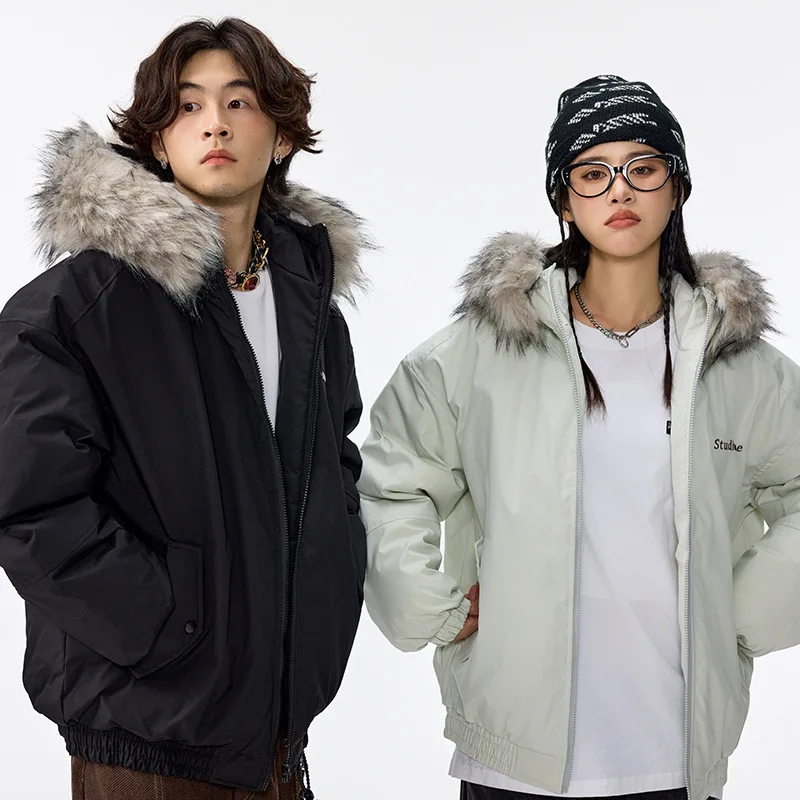 เย็บปักถักร้อย Cargo เสื้อแจ็คเก็ตบุรุษ Hooded Streetwear Retro หลวมแขนยาวฤดูหนาวหนาเสื้อแจ็คเก็ตผู้ชาย