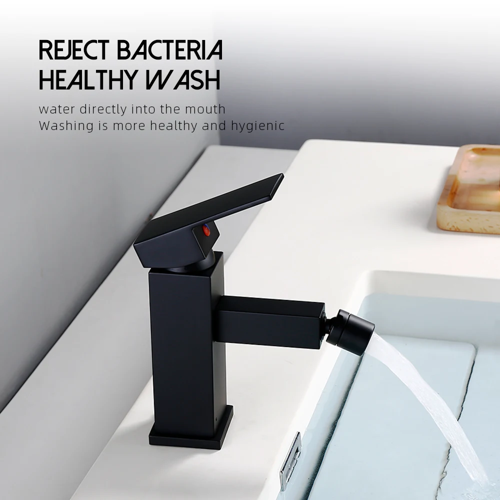 Imagem -04 - Torneira Pia do Banheiro Preto 360 Girar Misturador Sobressalente Bidé Single Handle One Hole Torneira de Água Quente e Fria