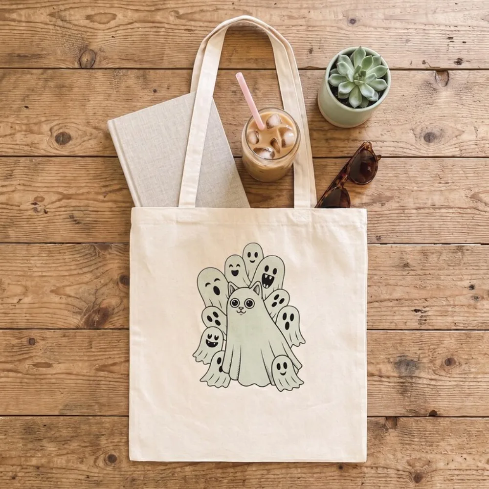 Cute Halloween Tote Bag Ghost Cat Graphic Spooky Season Pumpkin Reusable Shopping Shoulder Bag Fall Party Gift
