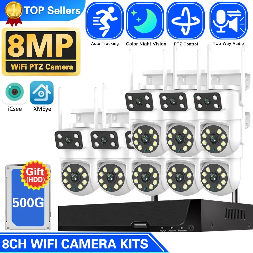 

H.265+ 8MP Wireless CCTV Surveillance System Auto Tracking PTZ Outdoor WIFI IP Security Camera ICSEE Smart Home 8CH WiFi NVR Kit