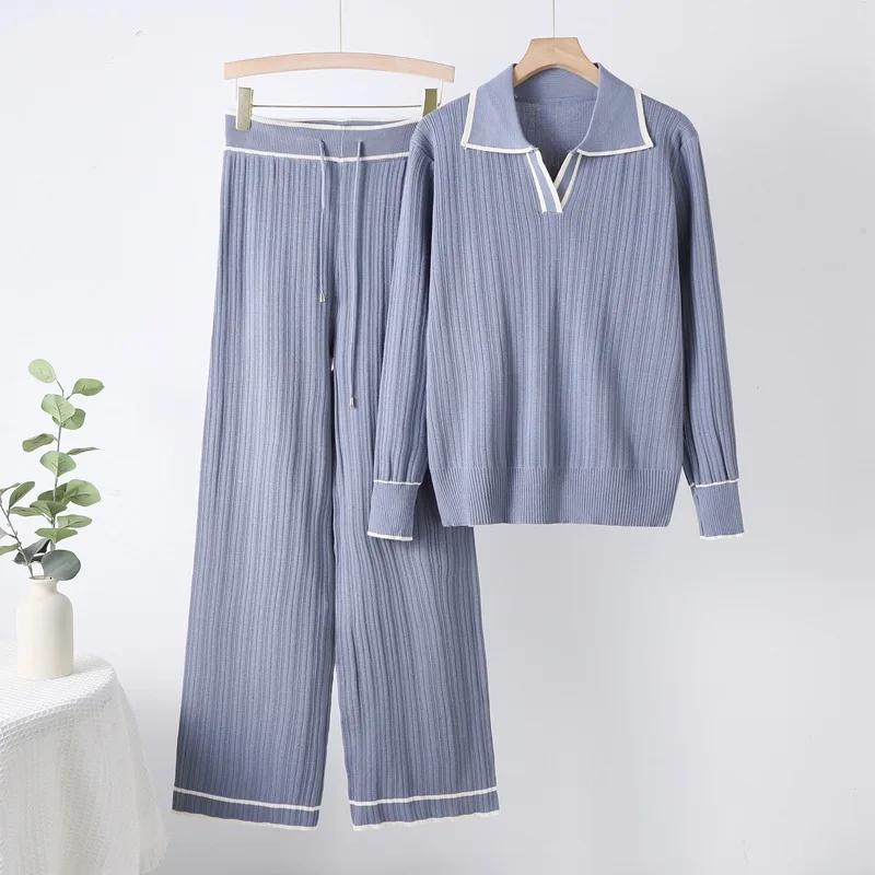 

Turn Down Collar Pullover Tops Knitted Tracksuit Pant Sets Patchwork Wide Leg Ankle Length Pants Basics Loose Sets