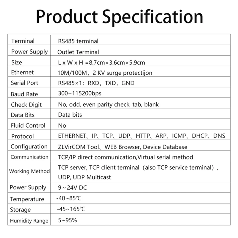 ABZZ-Din-Rail ZLAN5143D Serial Device Server Modbus Gateway RS485 From To TCP/IP DC9-24V Support Full Duplex