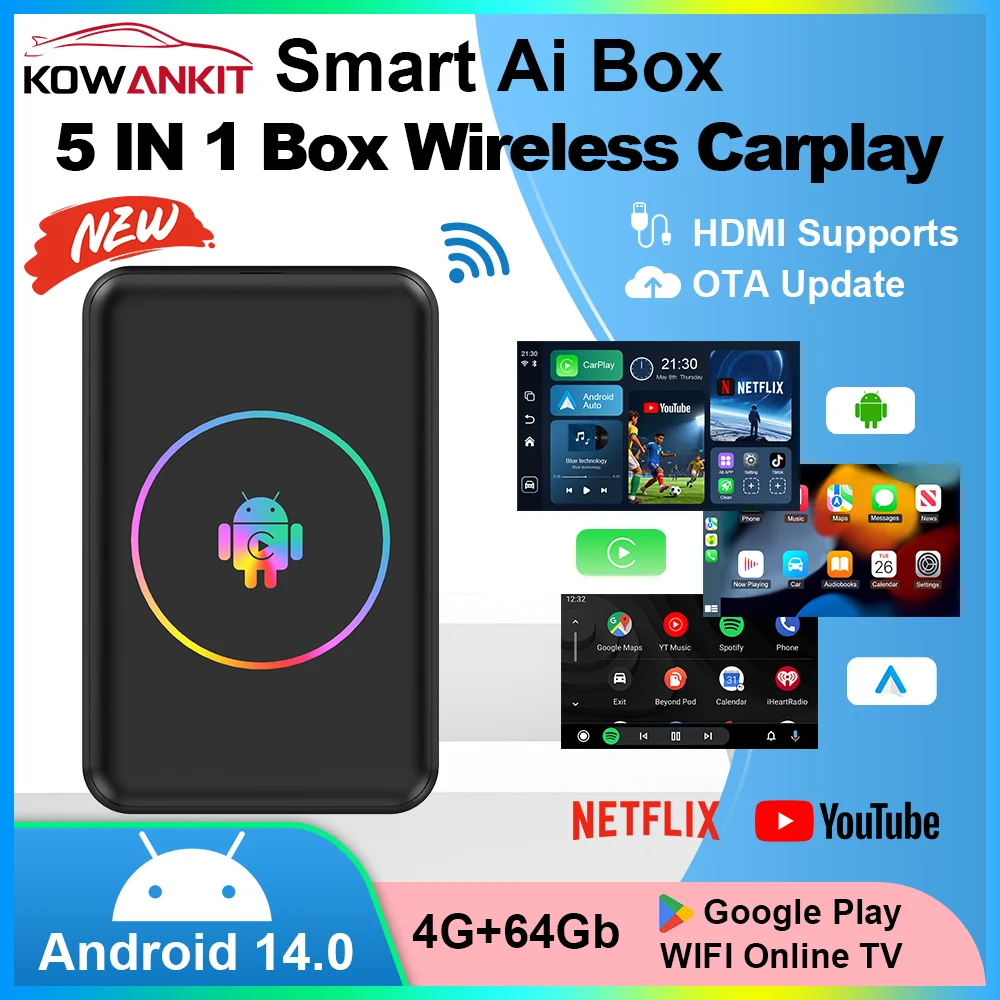 Android 14 4+64G Wireless CarPlay Ai Box Kowankit Smart 5 in 1 HDMI Plug & Play Android Auto Car Tv Box For Netflix YouTube 2026