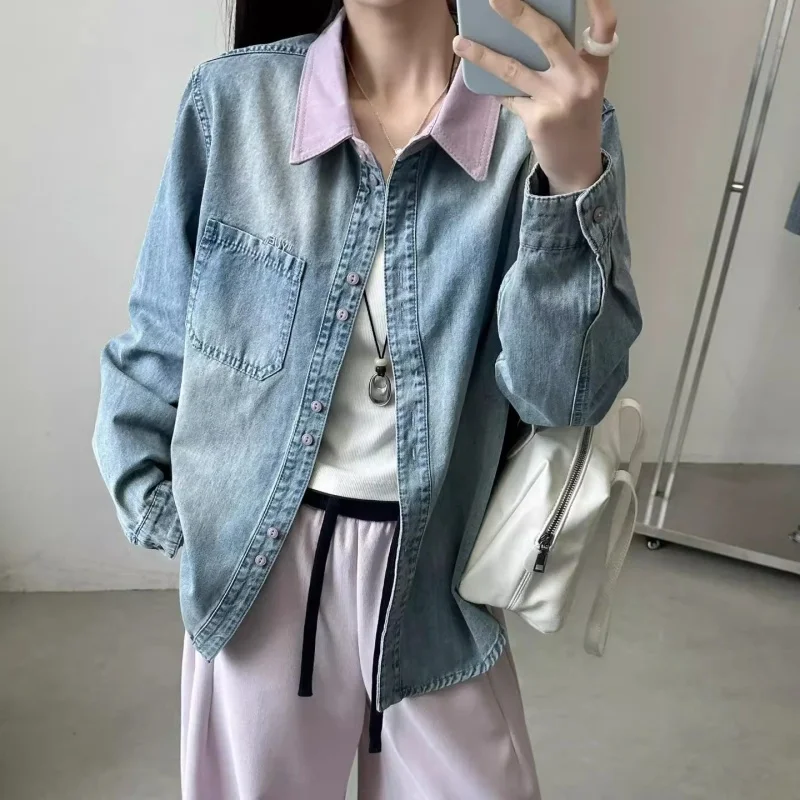 

Color Blocked Lapel Casual Denim Shirt For Women, Long Sleeved Loose Jacket, Top For 2026 Spring And Autumn j310