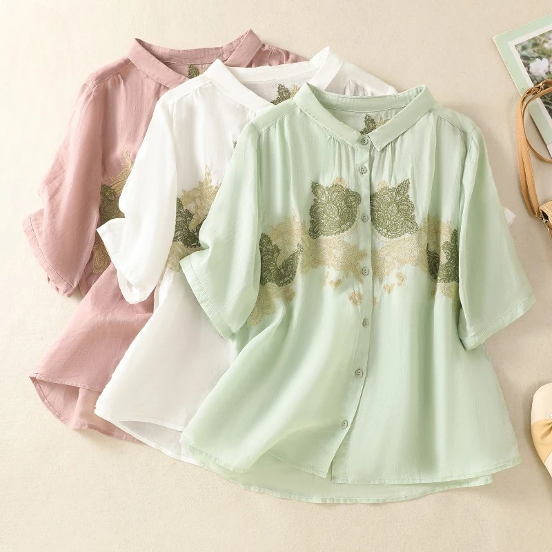 

Chinese Style Women's Blouse Embroidery Vintage Shirts Fashion Loose Summer Clothing Short Sleeve Cotton Linen Women Tops