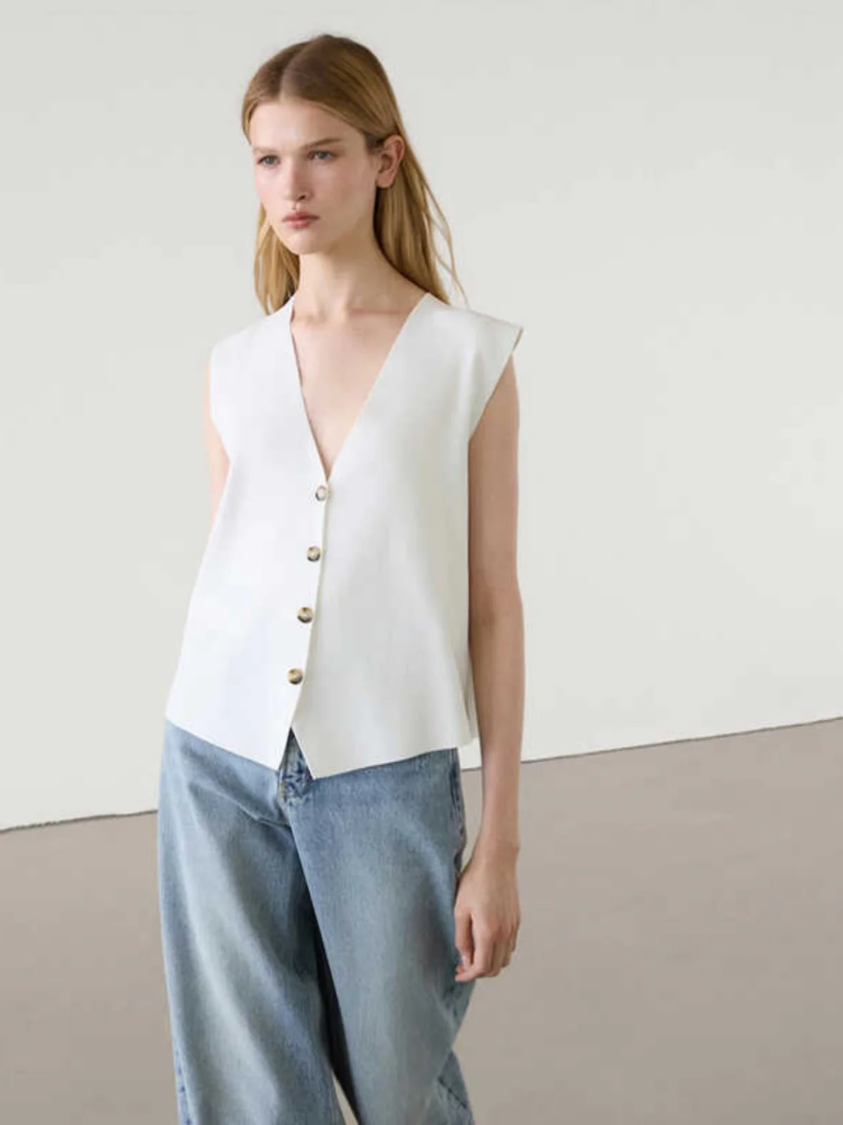 MD Dames Zomer 2025, Nieuwe V-hals Witte Ruis Afslanken Woon-werkverkeer Svel lectual Gebreid Open Vest Vest