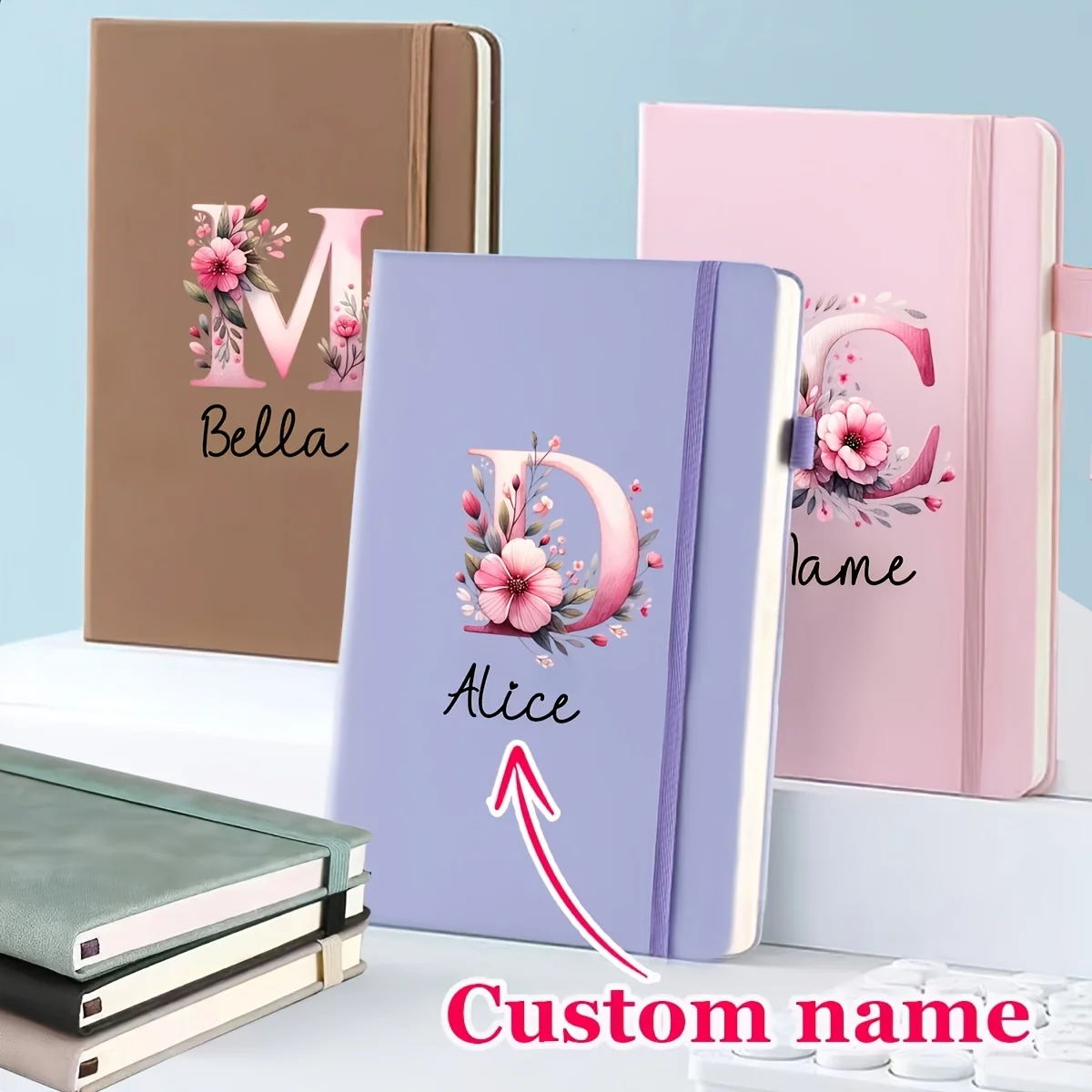 Custom Floral Initial A5 PU Notebook Personalized Name Elastic Journal Gift for Women Birthday Wedding Office