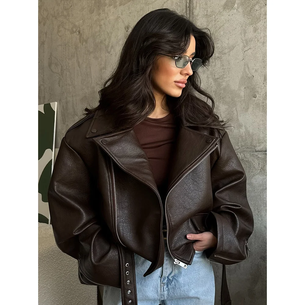 2026 Women's High-end Design New Style Temperament Lapel Short Strap Trendy Ins Brown Leather Jacket