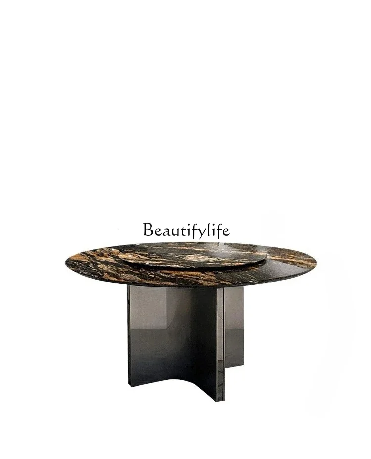 

yj15 Natural Luxury Stone Dining Table Italian Style Light Luxury Villa Gold Silk Marble Round Dining Table