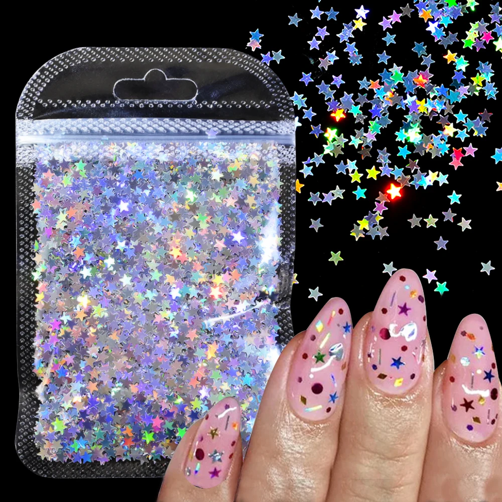 1 borsa laser olografica argento stella glitter per unghie paillettes net.10g stelle scintillanti nail art fiocco fai da te lucido manicure stella paillettes