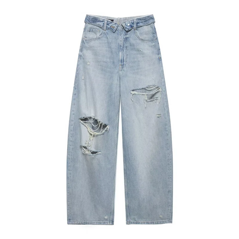 MsChuh Casual Simple Style Hole Loose Wide Legs Trouser Jeans Women' S Pants Street Style All-match Commuting Personality Trendy