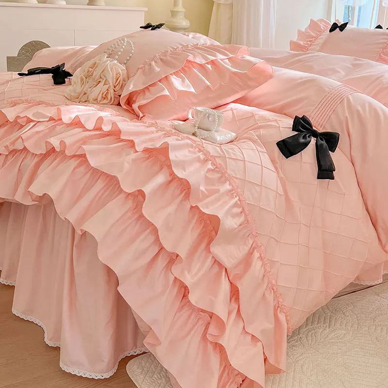 Three-layer Ruffles Black Bow Princess Bedding Set 100% Cotton Pink White Yellow Duvet Cover Bed Skirt Bedspread Pillowcases