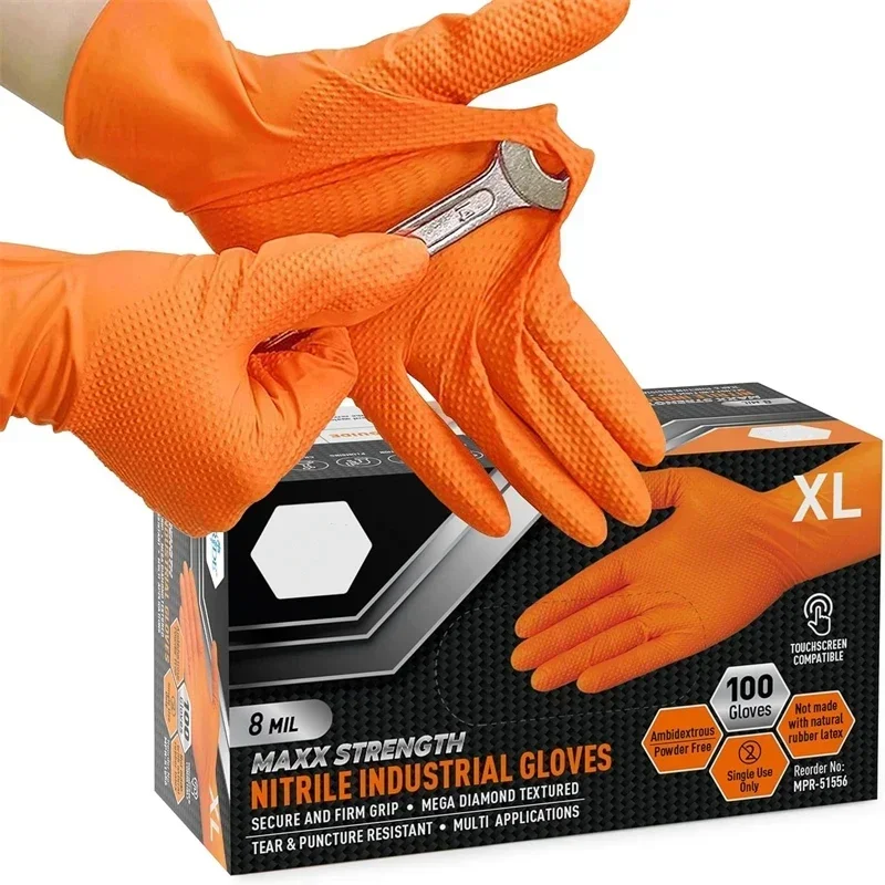 8 Mil Heavy Duty Industrial Orange Disposable Nitrile Gloves Diamond Textured Tear-Resistant for Mechanic Safety & Work Glove