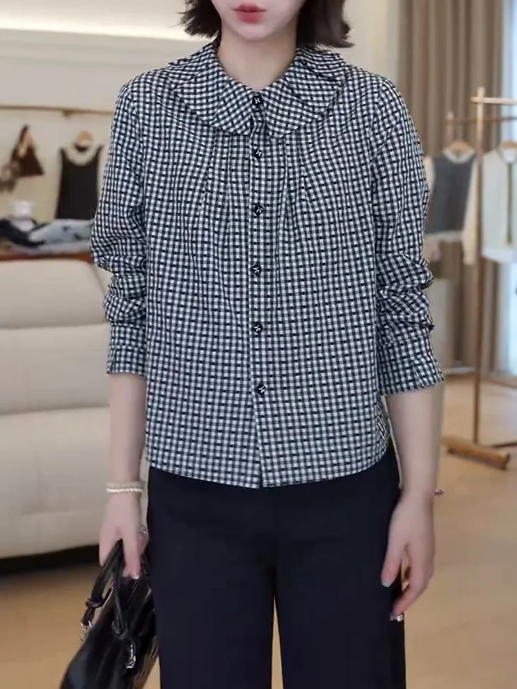 

Корейский топ в клетку с воротником-стойкой для женщин больших размеров, модный, универсальный, стройнящий, для осеннего сезона, повседневная одежда