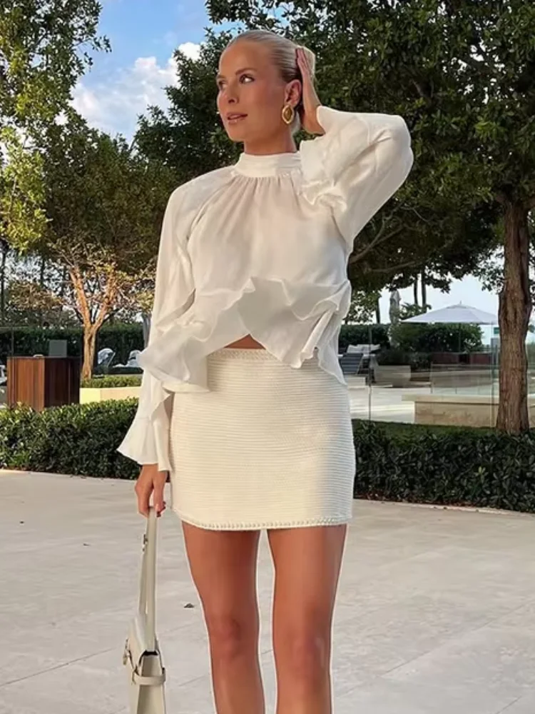 

Women Chic Long Sleeve Pleat High Round Neck Tops Fashion White Chiffon Ruffled Short Shirt 2025 New Dinner Lady Party Club Wear