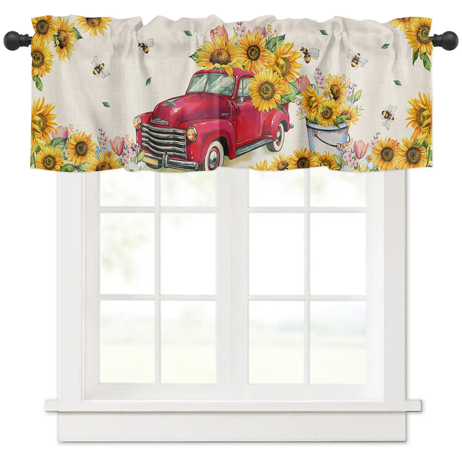 

ZEDLIYU Valances for Windows Kitchen Living Room Small Window Valance Sunflower Vintage Red Car 1 Panel, 54 x 18 Inch