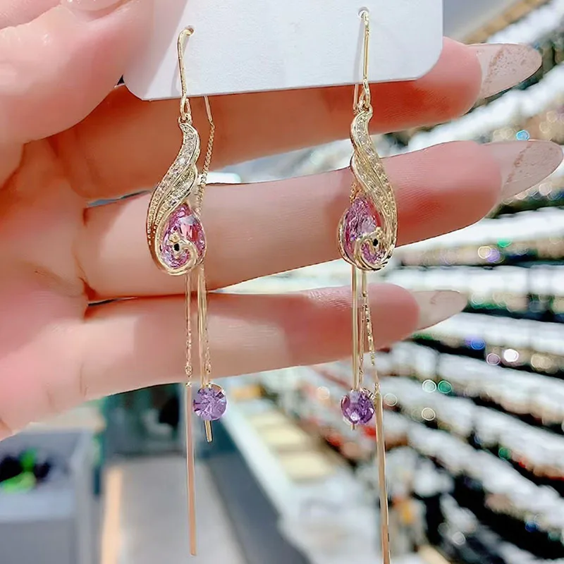 Fashion Purple Crystal Phoenix Long Earrings Creative Vintage Phoenix Rhinestone Tassel Earrings Female Wedding Party Jewelry