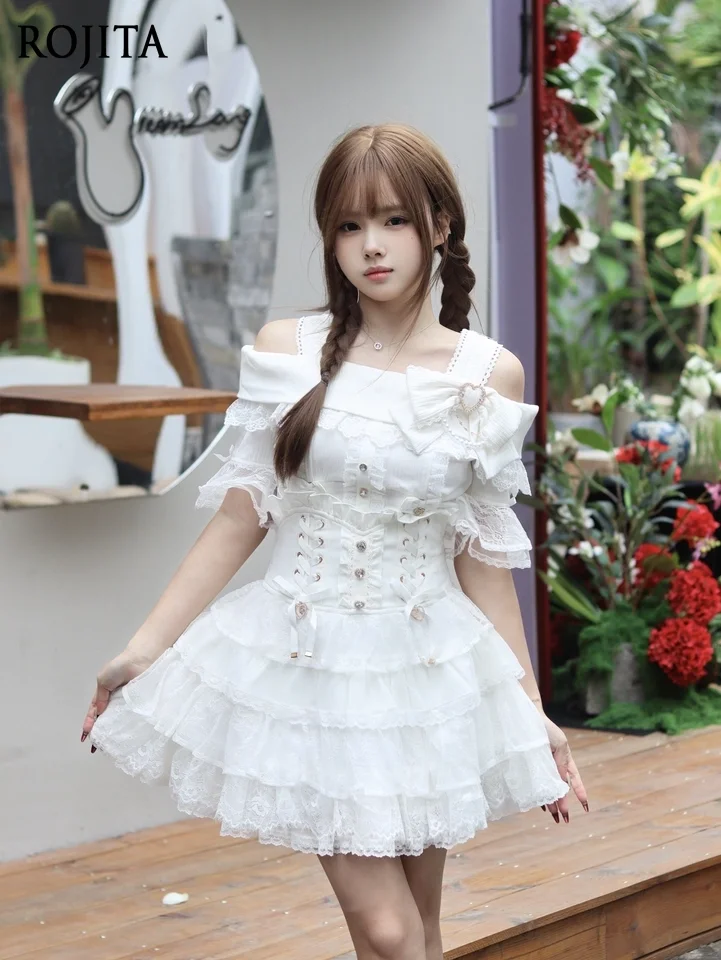 Short Sleeve White Sweater Japanese Style Bell Sleeve Sweet Cute Bow Classic Off-Shoulder Double Strap Sweater Women Autumn New