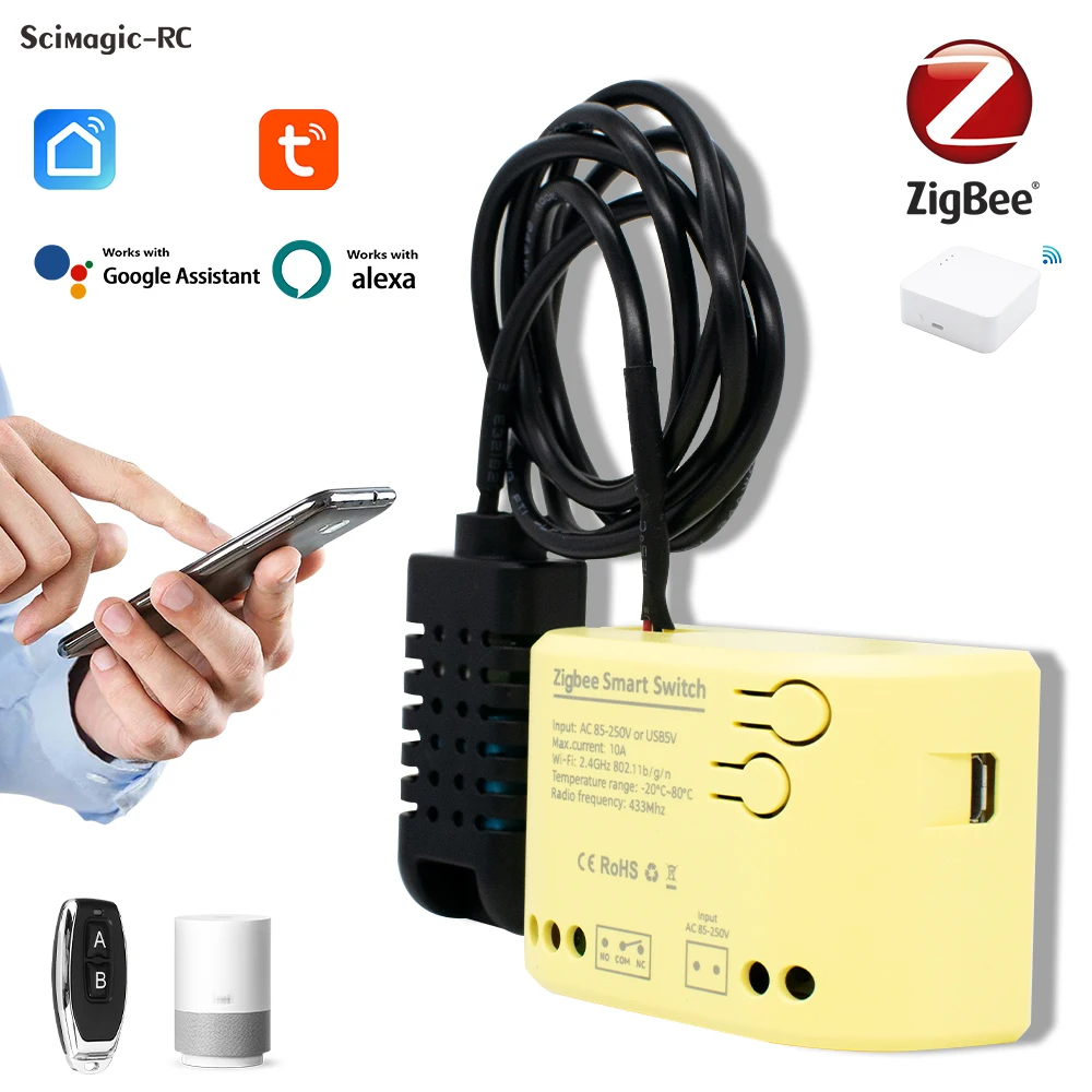 

Модуль умного переключателя Zigbee, комплект датчиков температуры и влажности, 1 канал, реле 7-32 В, 85-250 В, контроллер, работа, приложение Tuya, Alexa Google Home