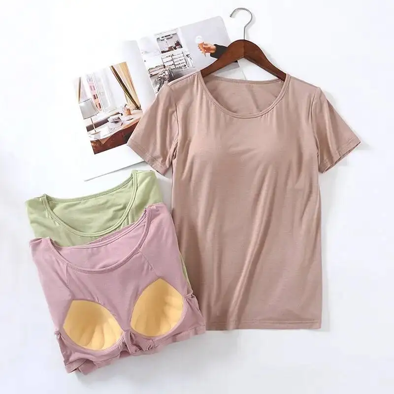 

Short Sleeved T-Shirt With Chest Pad Women's Summer Bra Cup One Piece Bottoms Women Modal Home Wear Pama Clothes