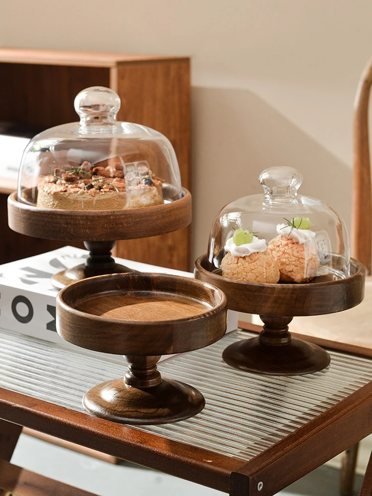 French Exquisite Tall Dim Sum Plate Solid Wood Cake Tray Jewelry Storage Container Afternoon Tea Tasting Display Pan Decoration