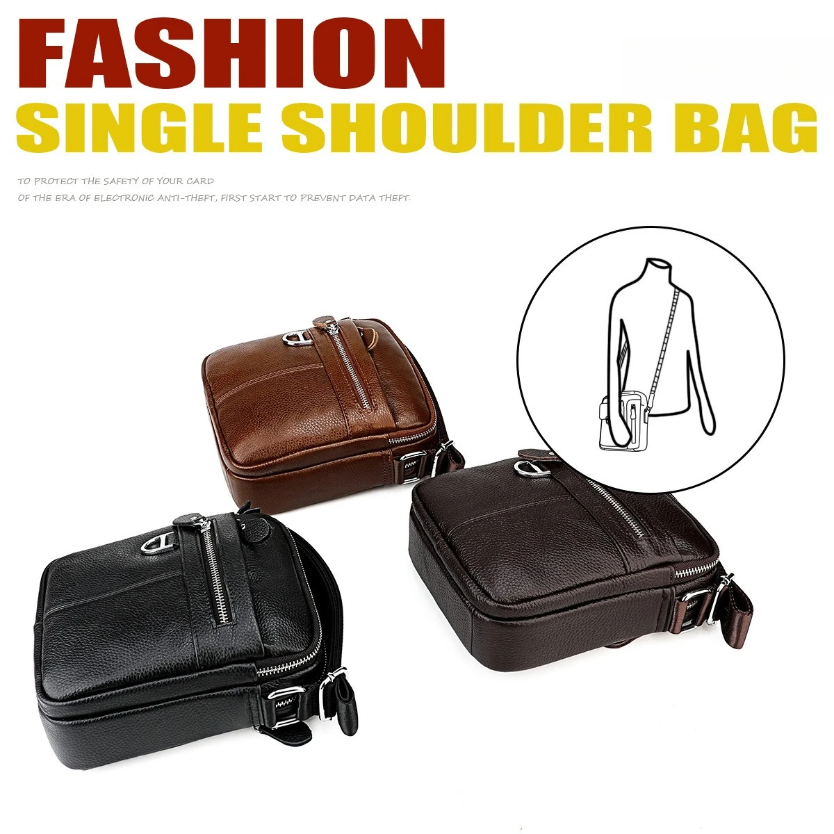 Vertical square genuine leather men's single-shoulder bag with multiple pockets and large capacity, casual crossbody bag