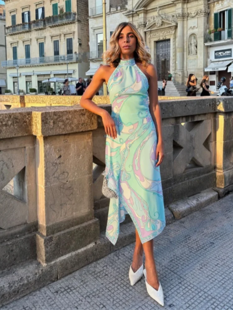 Conjunto de falda larga con espalda descubierta y estampado Sexy para mujer, Tops cortos ajustados Retro con cordones y cuello Halter, faldas de cintura alta, ropa de calle de verano