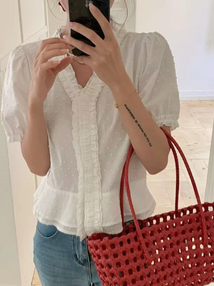 

Sweet Korean Style V-neck Fungus Shirt Women Summer New Blusas Mujer De Moda 2025 White Simple All-match Shirts & Blouses