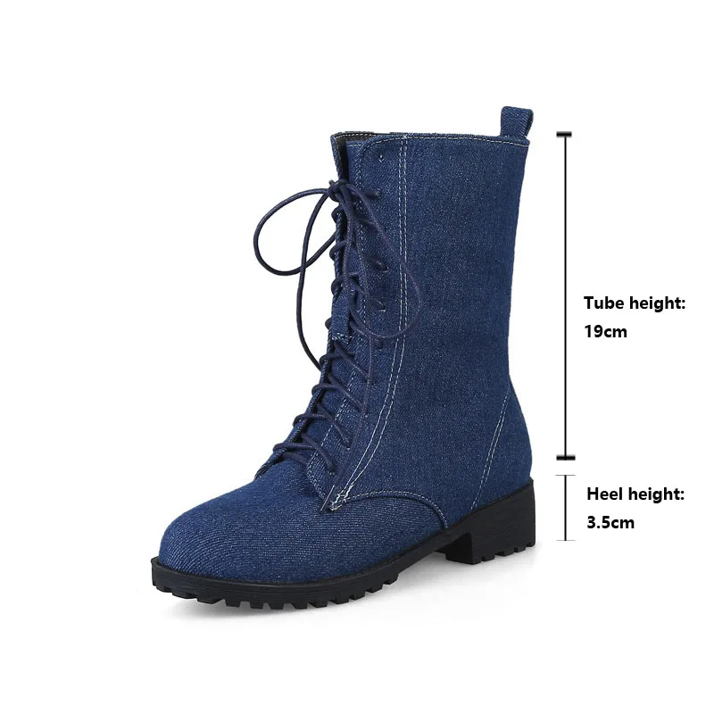 New Autumn Winter Denim Women Boots Chunky Heel Platform Round Toe Ladies Shoes Casual Lace Up Ankle Boots for Women WSH5220 view 2