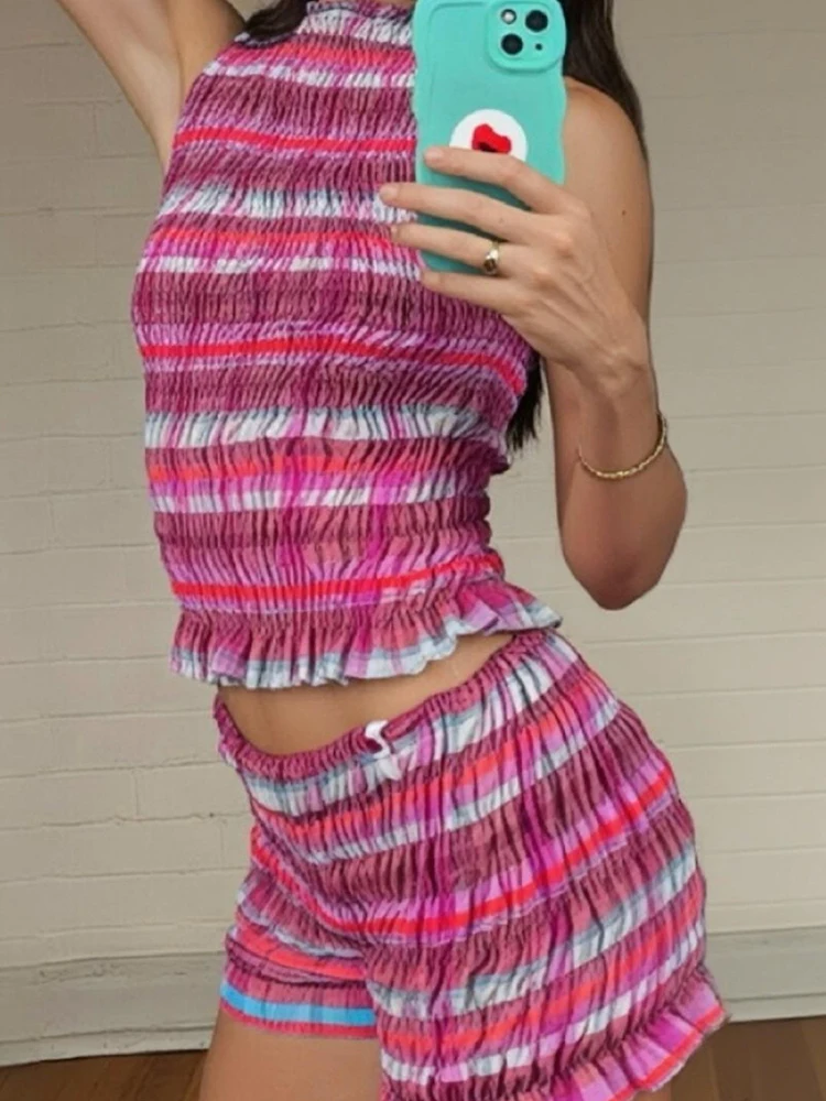 

Женский пижамный комплект с клетчатым принтом, летний жилет без рукавов с круглым вырезом, верхний костюм, новинка 2025 года, повседневные шорты с эластичной резинкой на талии, наряды