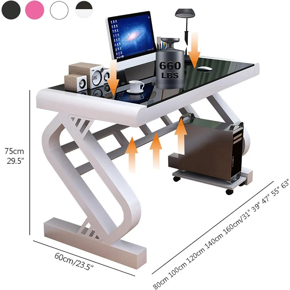 مكتب كمبيوتر من الزجاج المقسى، مكتب مكتب حديث مع سطح زجاجي وإطار معدني على شكل Z، مكتب كتابة قوي، مكتب دراسة، ألعاب #2