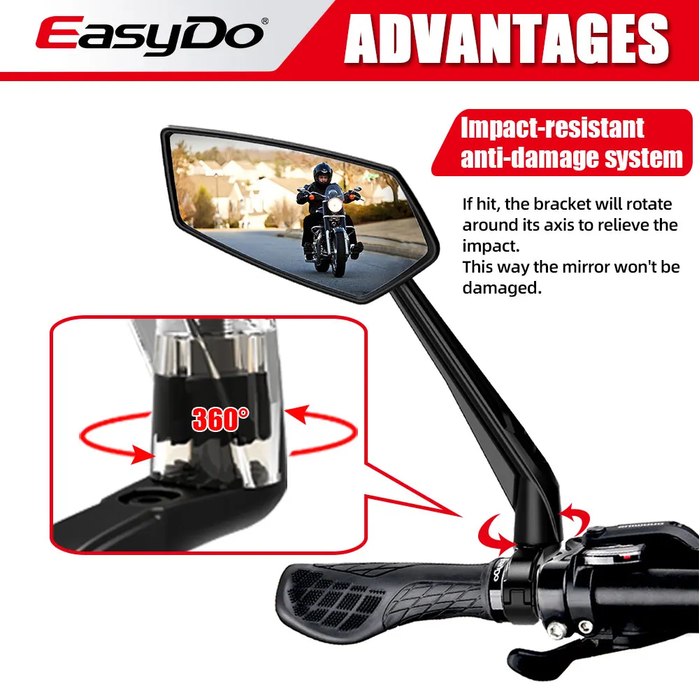 EASYDO Bicycle Rearview Mirrors Adjustable Bike Mirror Handlebar Convenient Installation For Bike Mirror With Wide Field of View