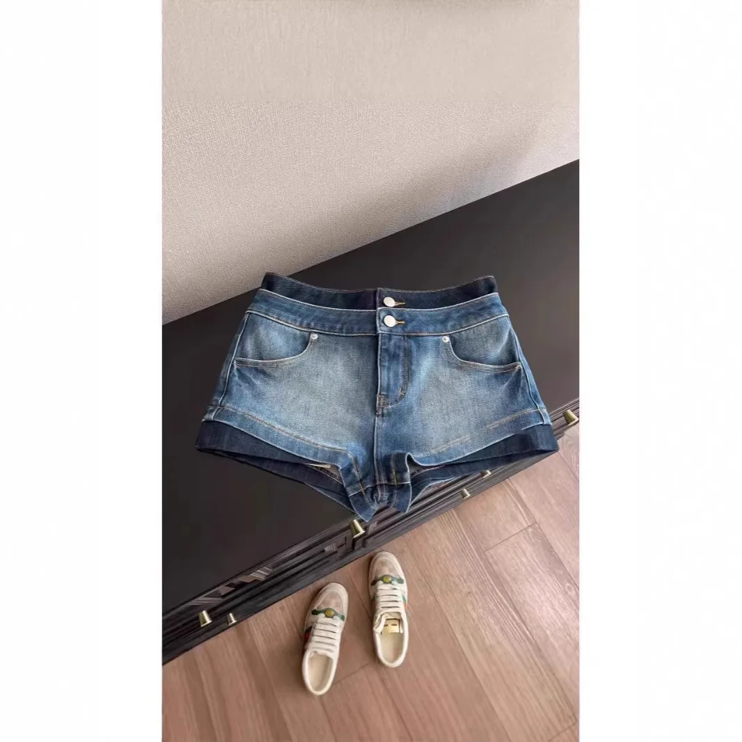 Double Waist Contrasting Denim Shorts Women's High Waist Y2k Shorts Hot Girls Hip-lifting Jean Shorts