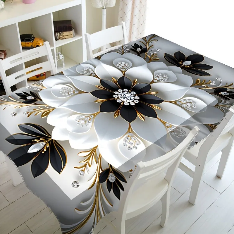 1pc Modern Floral Tablecloth White Black Gold 3D Flower Print Table Cover For Dining Room Kitchen Decor Rectangular