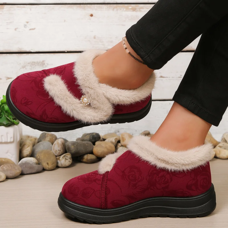 2026 Winter Women Mother Cotton Shoes One-piece Slip-on Floral Furry Trim Plus Velvet Warm Thick Non-slip Sole Casual Daily