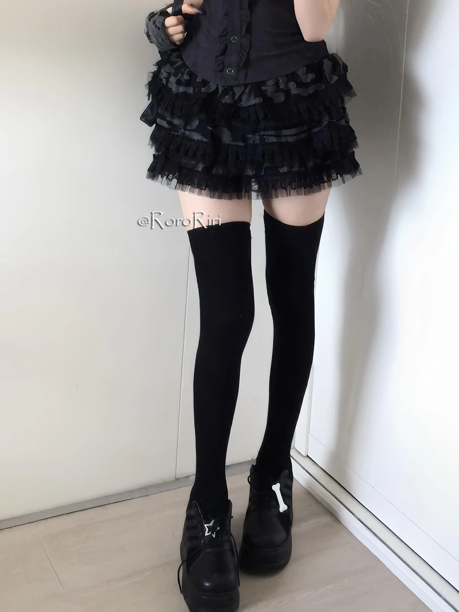 RORORIRI Women Irregular Frayed Lace Trim Puffy Mini Skirt Black Liner Elastic Waist Tiered Ruffle Cake Skirt Goth Retro Clothes