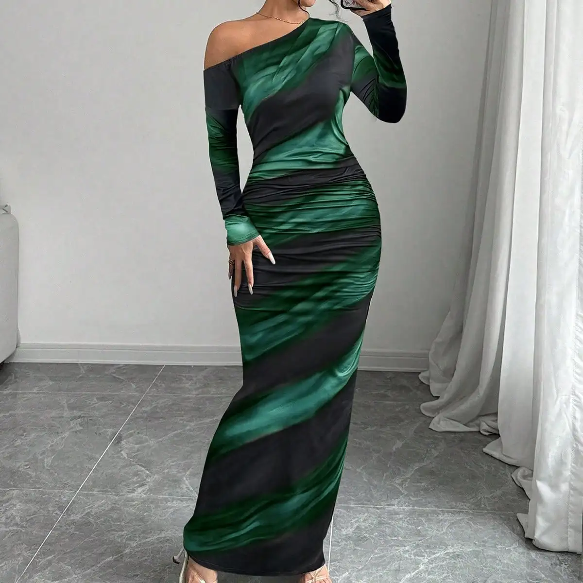 素敵な絞り染めプリントフリル非対称ネックライン長袖ニットボディコンドレスマキシ女性の衣装