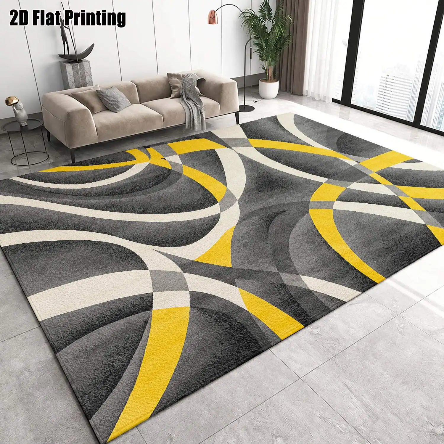 1Pc 2D Printed Carpet: Black Base, Yellow-White Geometric Lines Modern Simple, Instagram/Nordic Style, Machine Washable, Multi-Size, Ideal for Living Room, Bedroom, Dining Room, Entrance, Study Home Decor.