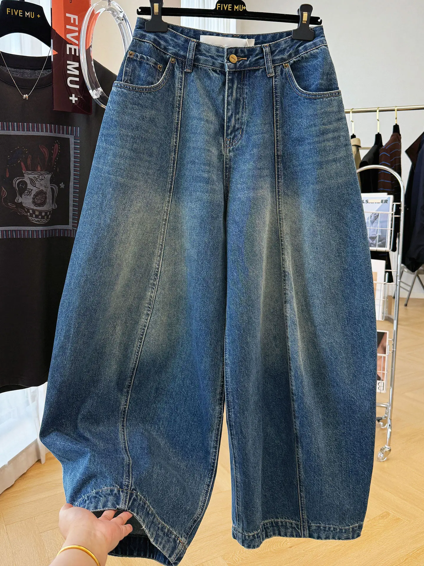 

Винтажные синие женские джинсы с широкими изогнутыми штанинами, свободные повседневные джинсовые брюки в уличном стиле, весенне-осенние женские брюки, уличная одежда