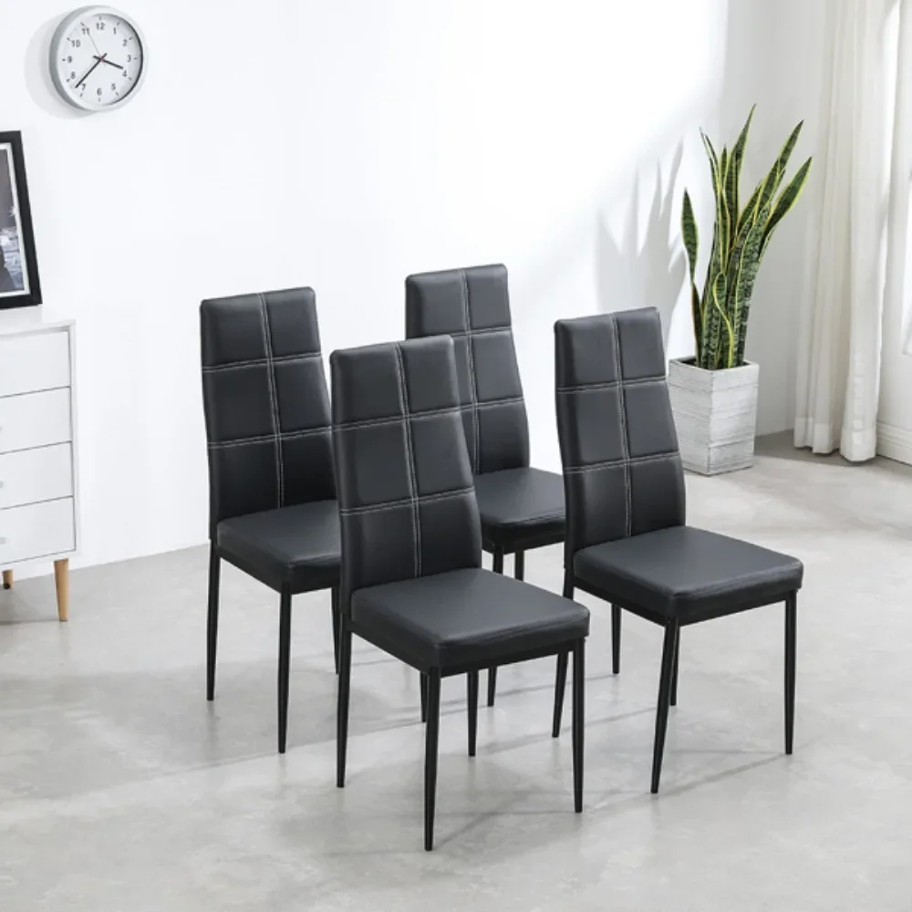 4 Dining Chairs, Six-Compartment Sewing Decoration PU Leather Dining Chairs, Round Tubes, Black Ergonomic High Backrest Design