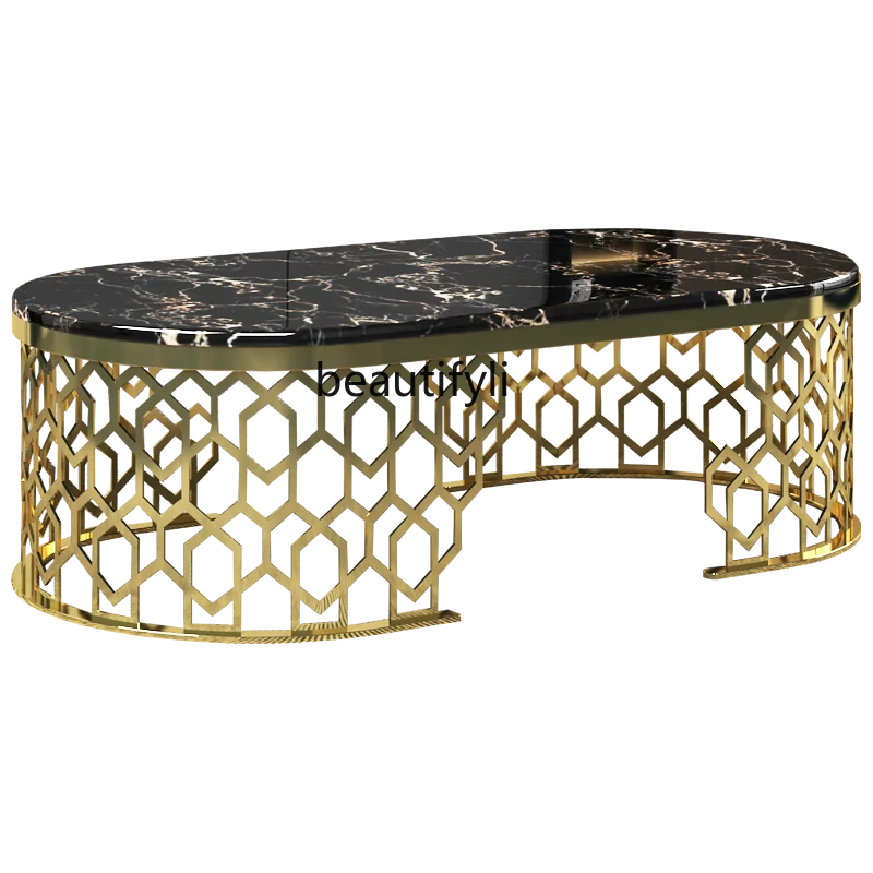 Marble rectangular coffee table modern living room household stainless steel edge table combination