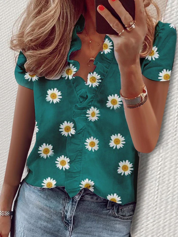 Casual Short Sleeve V Neck Ruffles Blouses Elegant Office Lady Shirts Summer Vintage Harajuku Loose Tops Female Boho Tunic