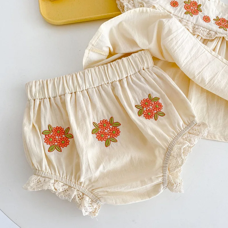 Summer Baby Clothing 2pcs Embroidery Flower Puff Sleeve Tee and Bloomer Toddler Girls Clothes Set