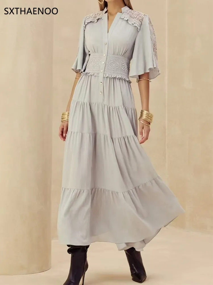 

SXTHAENOO Solid Spliced Fungus Edge Elegant Dress for Women V Neck Half Sleeve High Waist Patchwork Button Long Dresses Female